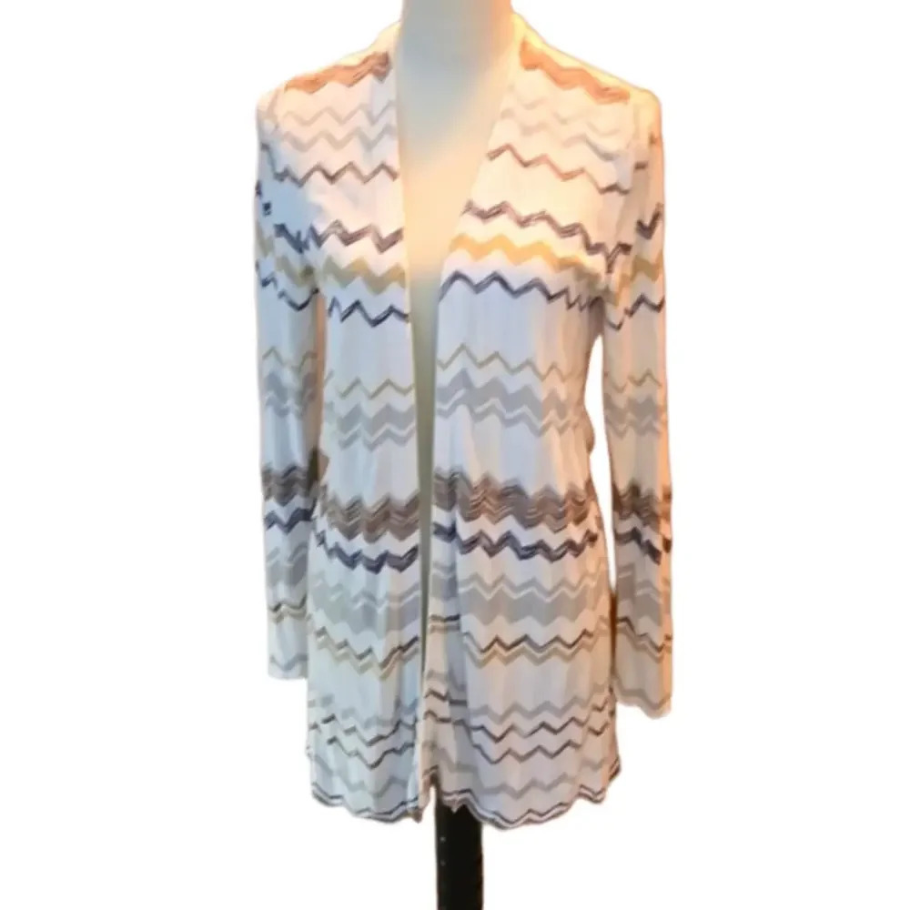 Chico's 1 (S/8) Cardigan Overlay Jacket White with Silver & Gold ZigZag Stripes